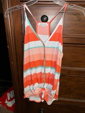 white birch Coral, White & Mint Striped Button-Front Tie-Hem Camisole